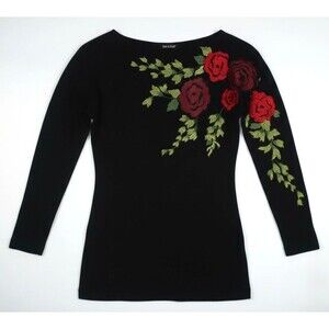 Isabel de Pedro Embroidered Floral Shirt Top Jersey Knit Stretch Y2K Boho Size 6